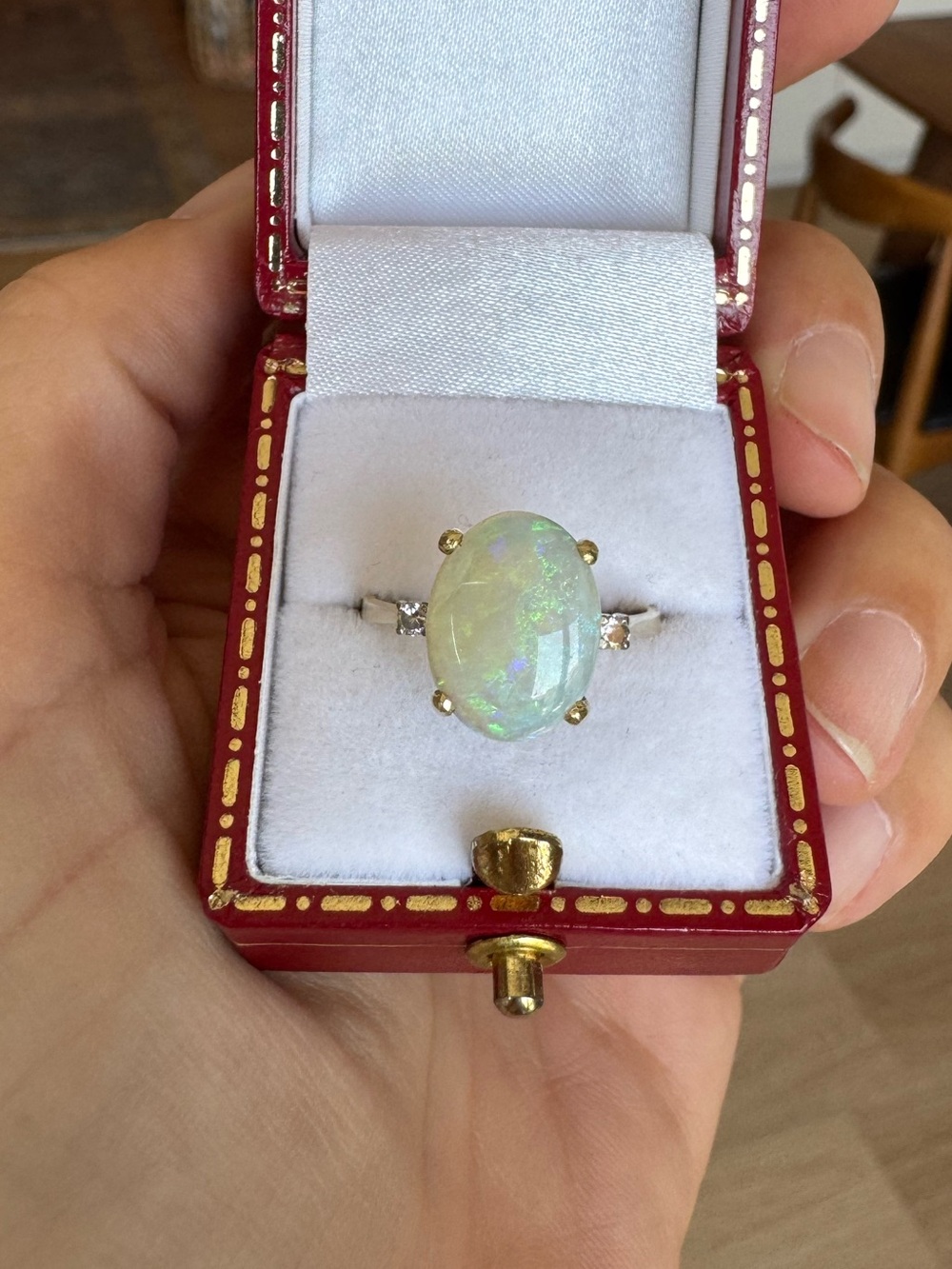 Vintage 14K Gold Australian Opal & Natural Diamond Ring Size 6.5 - Picture 11 of 12